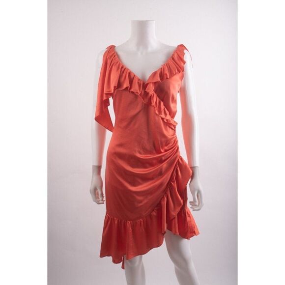 Cinq a Sept Womens Petunya Ruffled Wrap Dress Size 4 Orange Neon Coral - Picture 2 of 7